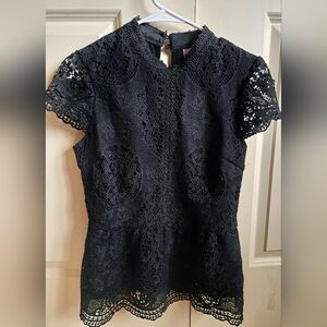 Suede and Lace look. Women's Medium Top. Dressy. Cap lace sleeves. Black top